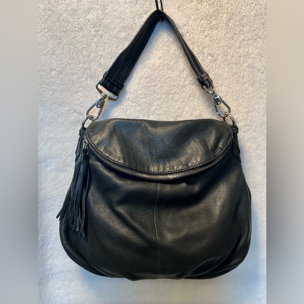 Black Leather Hobo Bag with Tassel Detail